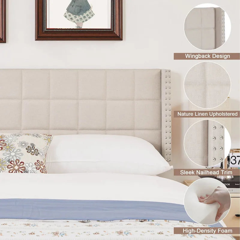 Javlergo Adjustable Upholstered Wingback Headboard for Queen/King Size Beds with Double Nailhead Trim 5