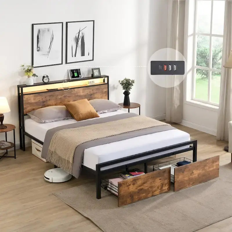 Full Size Bed Frame with Storage Headboard, 2 Drawers, LED Lighting, and Built-in Charging Station 1