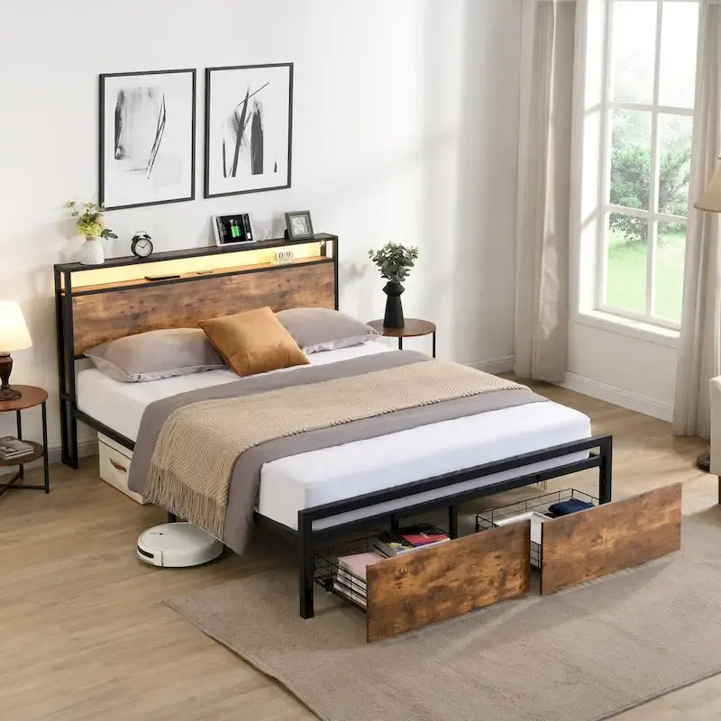 Full Size Bed Frame with Storage Headboard, 2 Drawers, LED Lighting, and Built-in Charging Station 2
