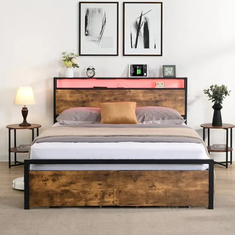 Full Size Bed Frame with Storage Headboard, 2 Drawers, LED Lighting, and Built-in Charging Station 3