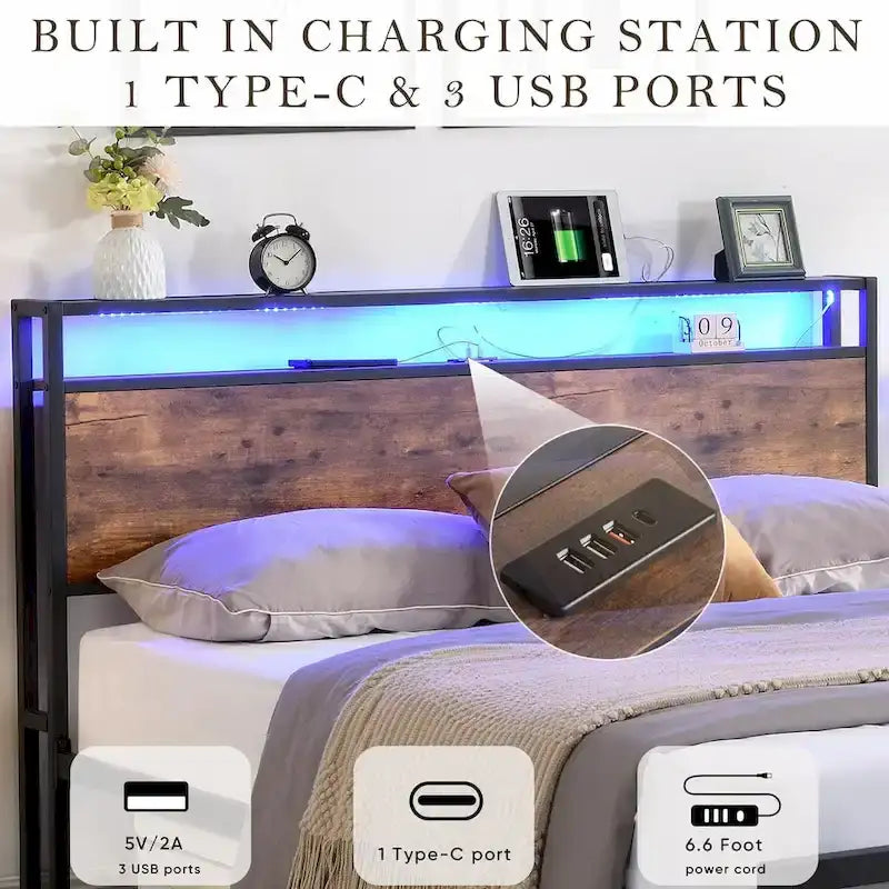 Full Size Bed Frame with Storage Headboard, 2 Drawers, LED Lighting, and Built-in Charging Station 4