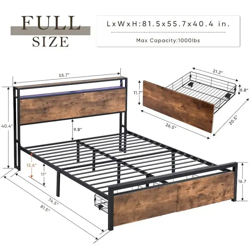 Full Size Bed Frame with Storage Headboard, 2 Drawers, LED Lighting, and Built-in Charging Station 5