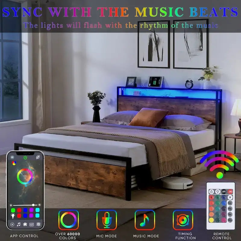 Full Size Bed Frame with Storage Headboard, 2 Drawers, LED Lighting, and Built-in Charging Station 7