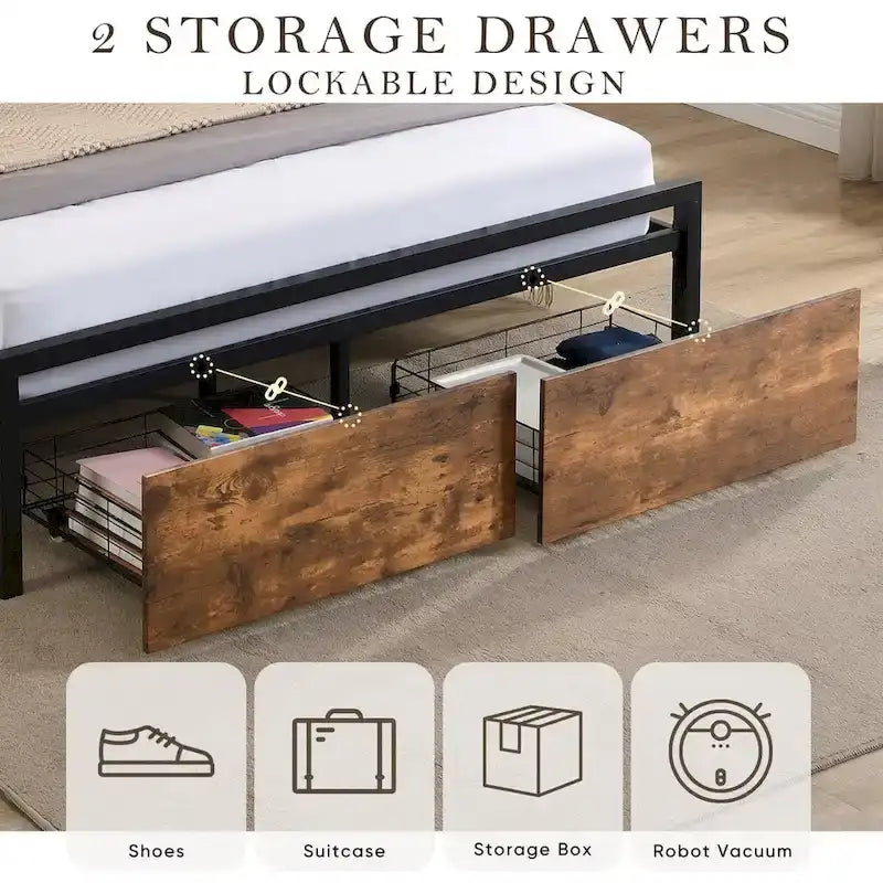Full Size Bed Frame with Storage Headboard, 2 Drawers, LED Lighting, and Built-in Charging Station 8