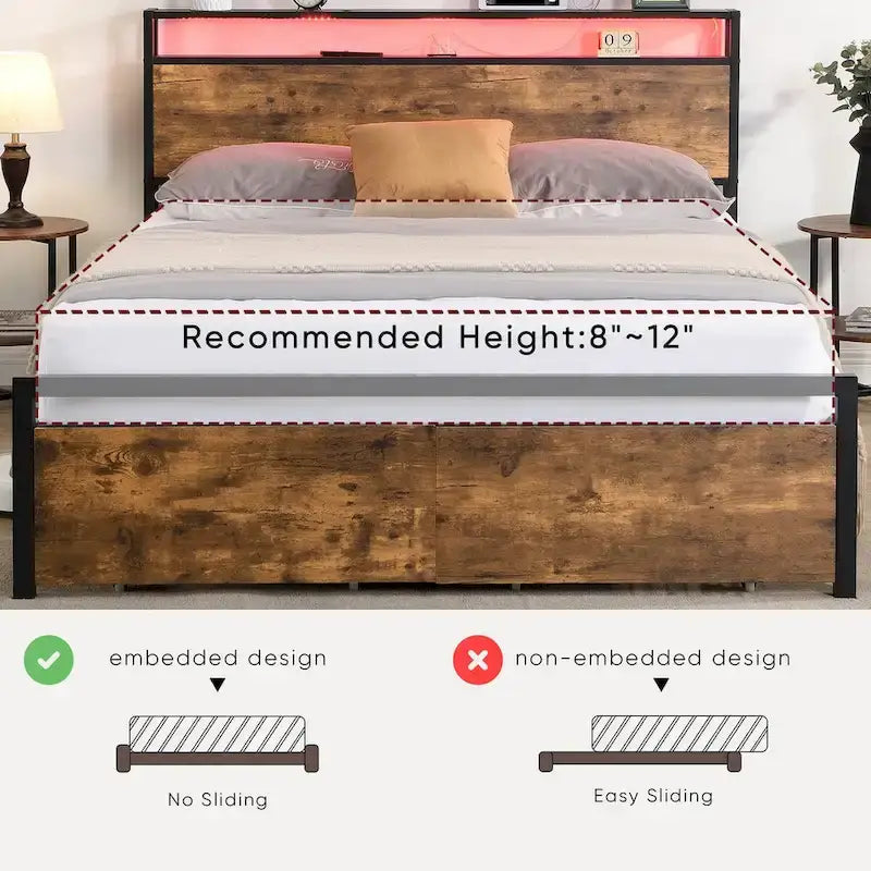 Full Size Bed Frame with Storage Headboard, 2 Drawers, LED Lighting, and Built-in Charging Station 9