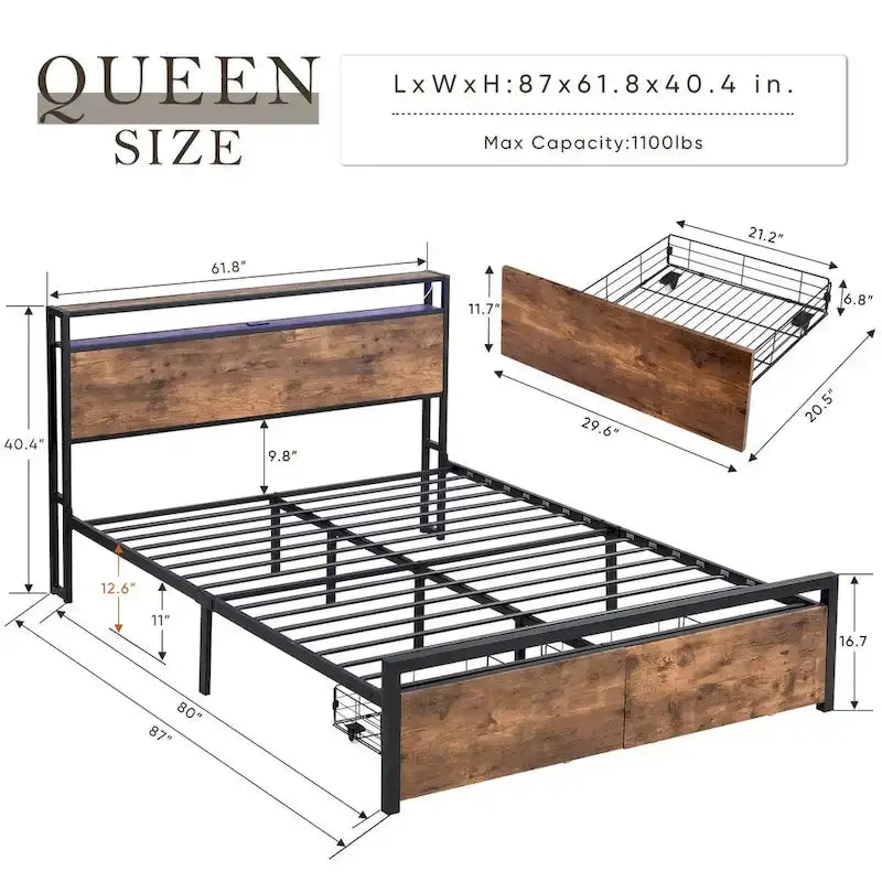 Full Size Bed Frame with Storage Headboard, 2 Drawers, LED Lighting, and Built-in Charging Station 10