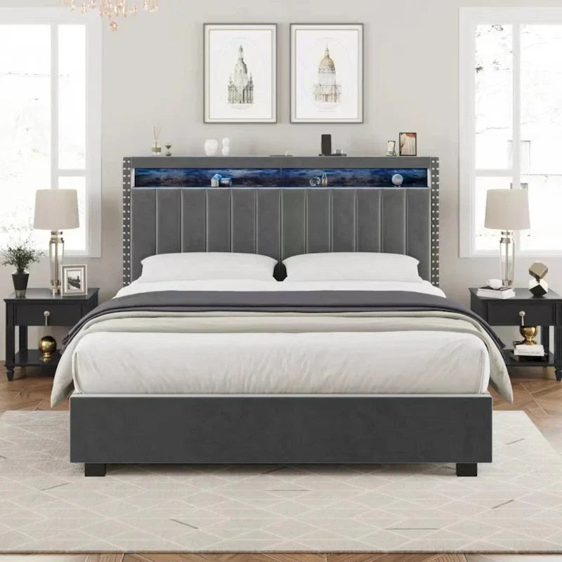 King Size Velvet Gas Lift Storage Bed with LED RF Lights and Storage Headboard 18