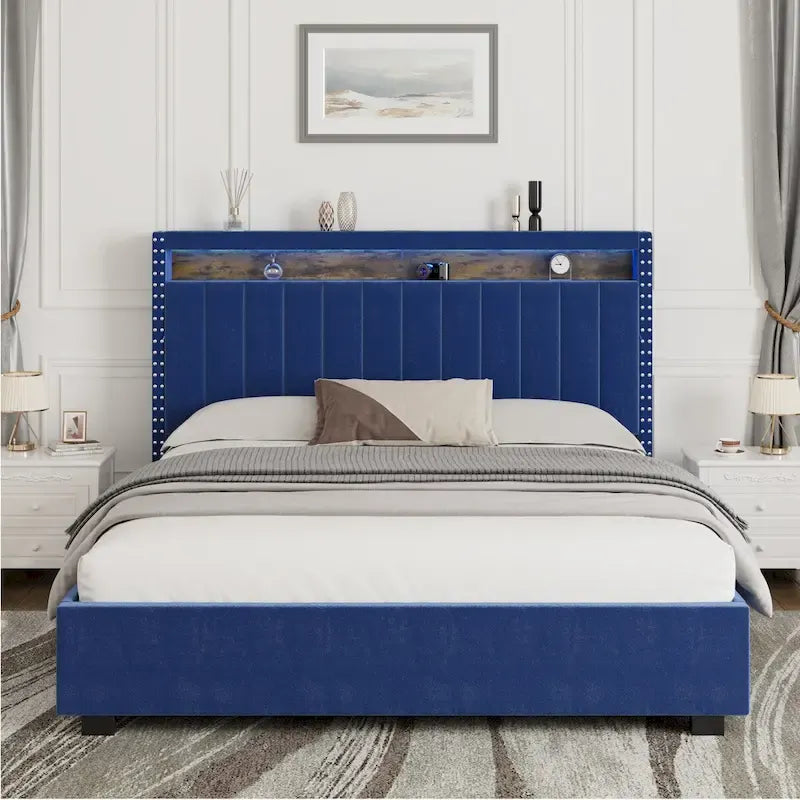 King Size Velvet Gas Lift Storage Bed with LED RF Lights and Storage Headboard 19