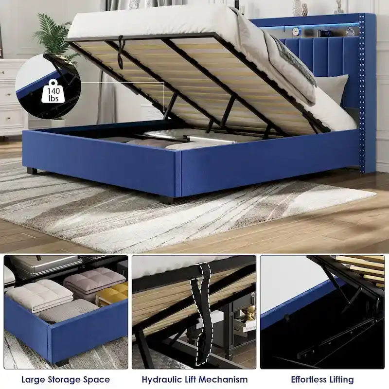 King Size Velvet Gas Lift Storage Bed with LED RF Lights and Storage Headboard 1