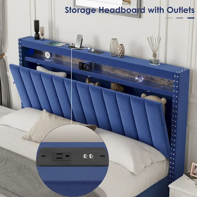 King Size Velvet Gas Lift Storage Bed with LED RF Lights and Storage Headboard 2