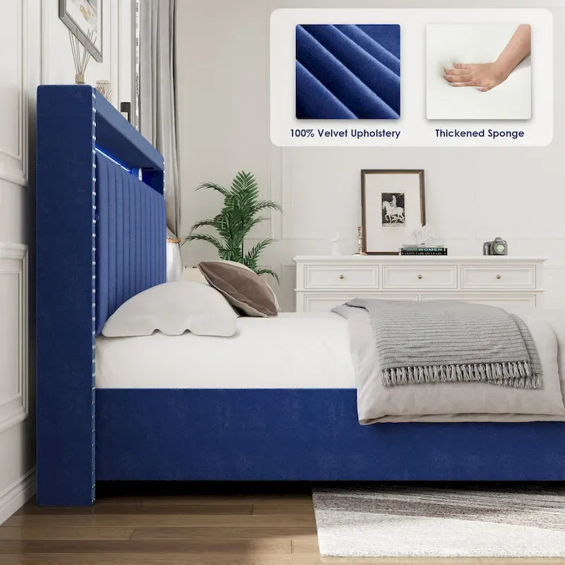 King Size Velvet Gas Lift Storage Bed with LED RF Lights and Storage Headboard 4