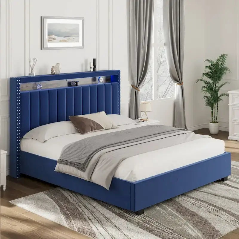 King Size Velvet Gas Lift Storage Bed with LED RF Lights and Storage Headboard 5