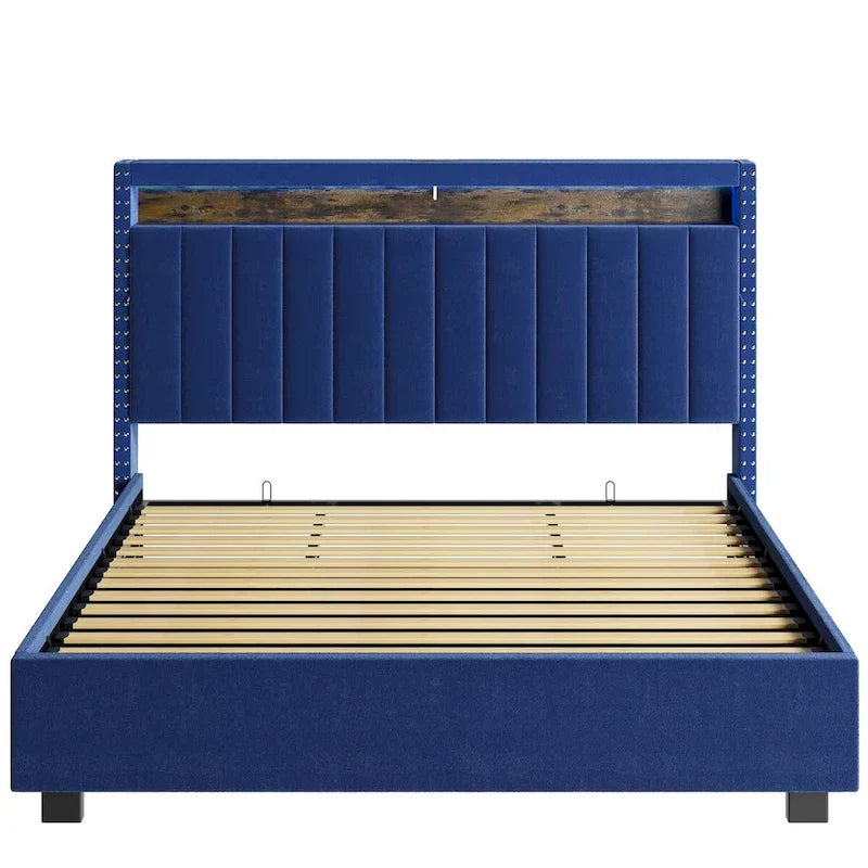 King Size Velvet Gas Lift Storage Bed with LED RF Lights and Storage Headboard 6