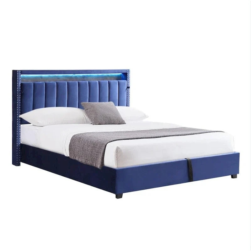 King Size Velvet Gas Lift Storage Bed with LED RF Lights and Storage Headboard 7