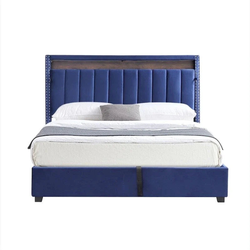King Size Velvet Gas Lift Storage Bed with LED RF Lights and Storage Headboard 8