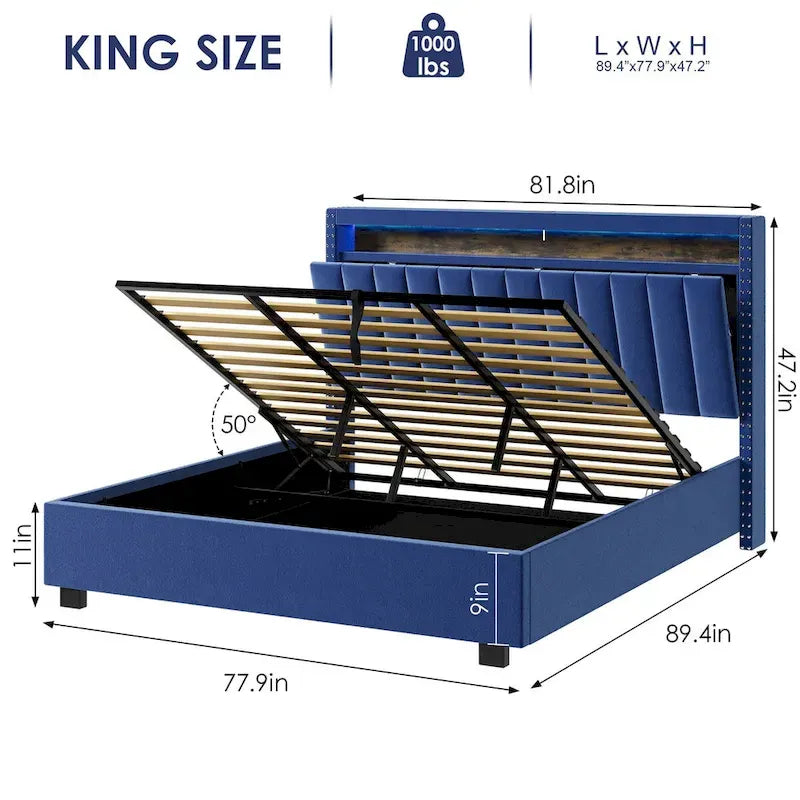 King Size Velvet Gas Lift Storage Bed with LED RF Lights and Storage Headboard 9
