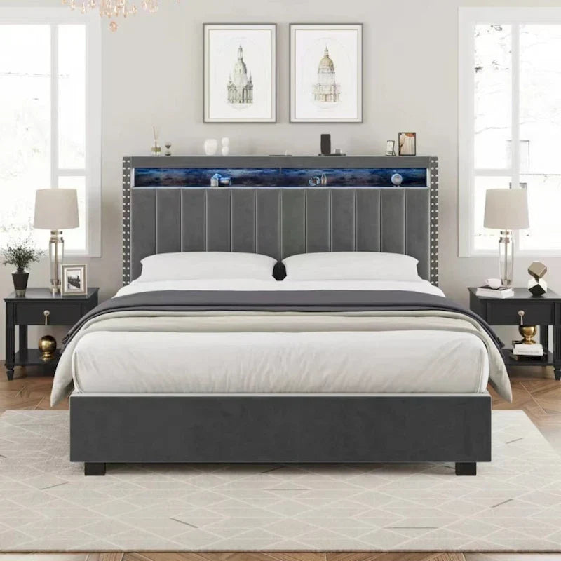 King Size Velvet Gas Lift Storage Bed with LED RF Lights and Storage Headboard 10
