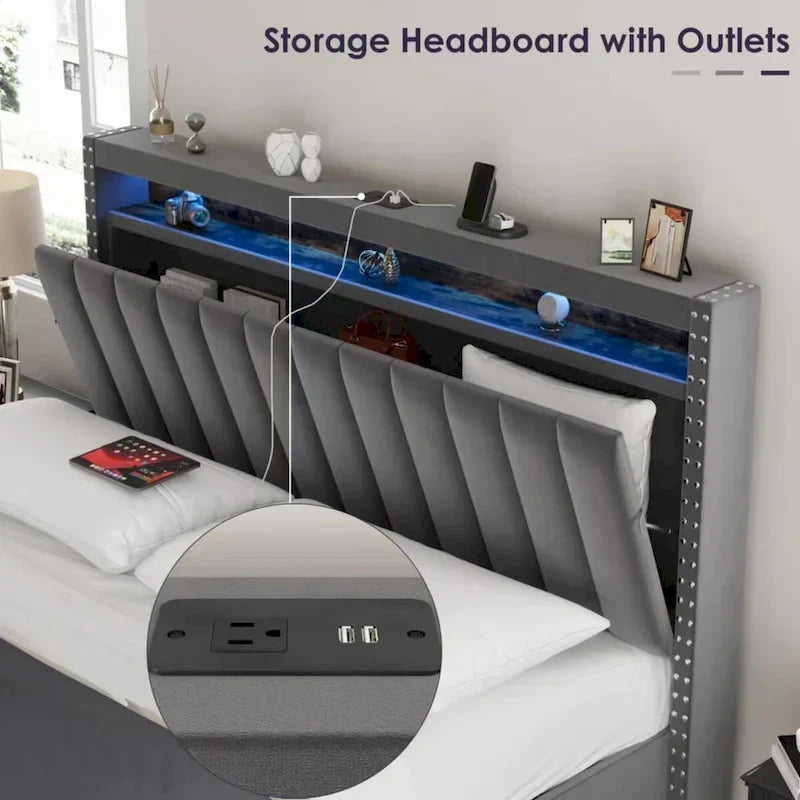 King Size Velvet Gas Lift Storage Bed with LED RF Lights and Storage Headboard 11