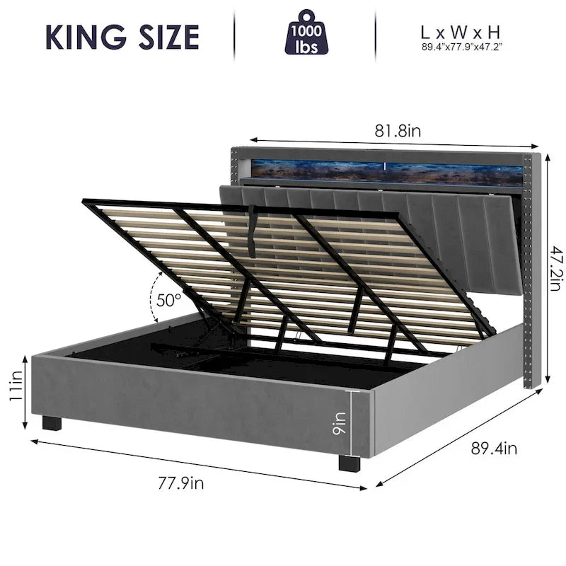 King Size Velvet Gas Lift Storage Bed with LED RF Lights and Storage Headboard 12