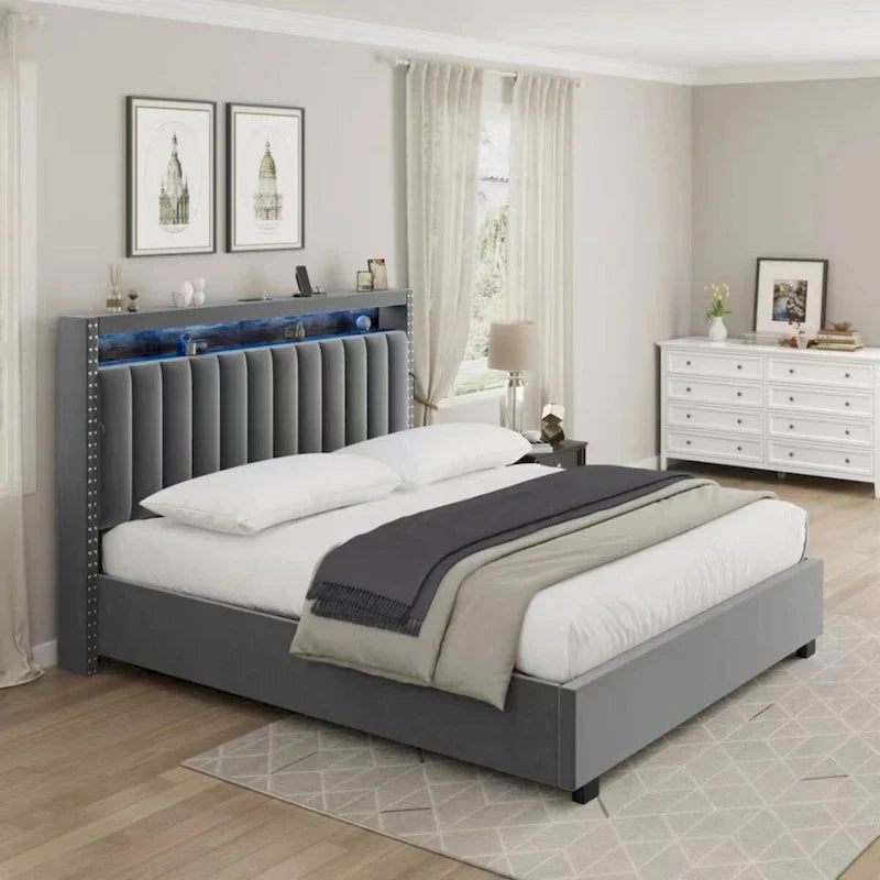 King Size Velvet Gas Lift Storage Bed with LED RF Lights and Storage Headboard 13