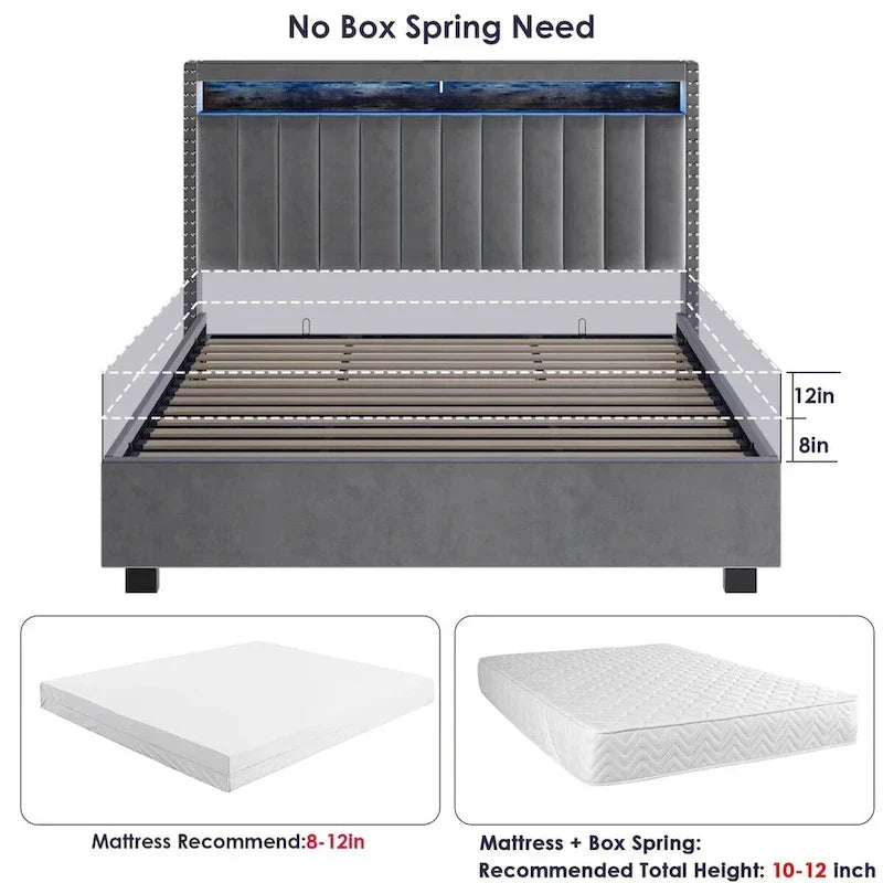 King Size Velvet Gas Lift Storage Bed with LED RF Lights and Storage Headboard 14