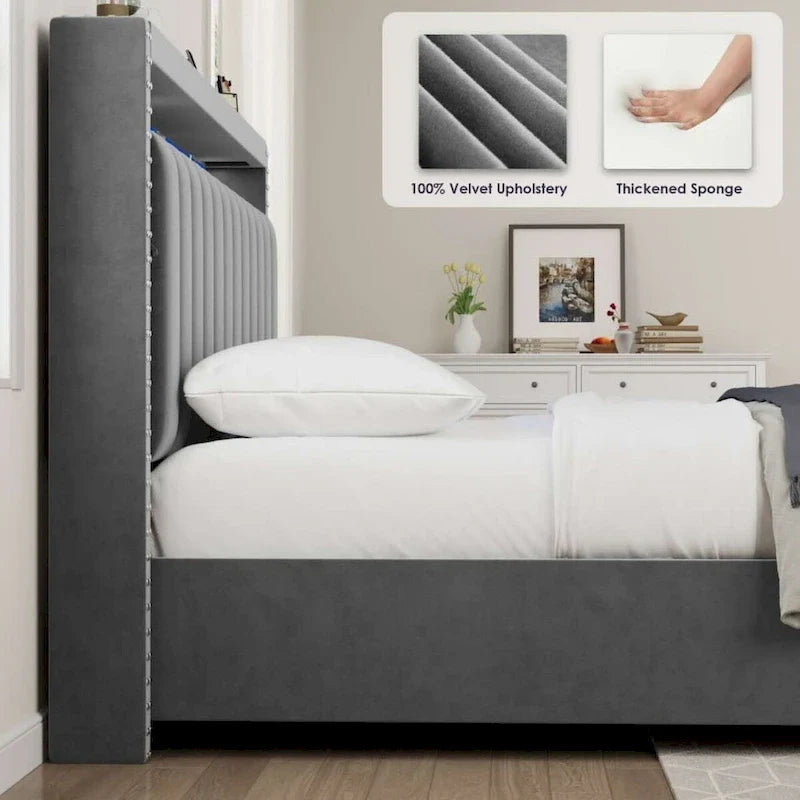 King Size Velvet Gas Lift Storage Bed with LED RF Lights and Storage Headboard 15