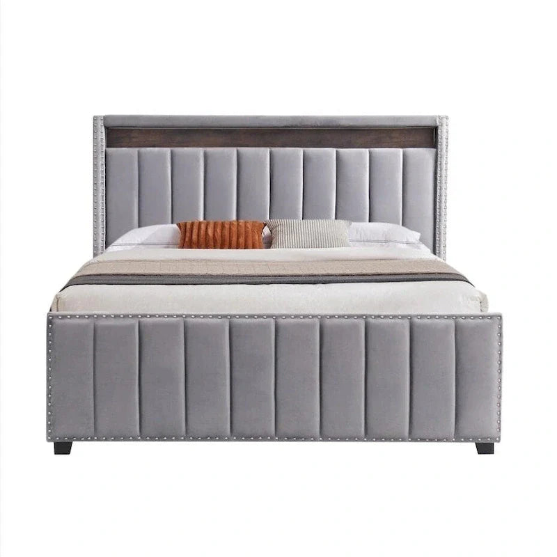 King Size Velvet Gas Lift Storage Bed with LED RF Lights and Storage Headboard 16