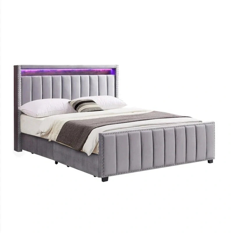 King Size Velvet Gas Lift Storage Bed with LED RF Lights and Storage Headboard 17
