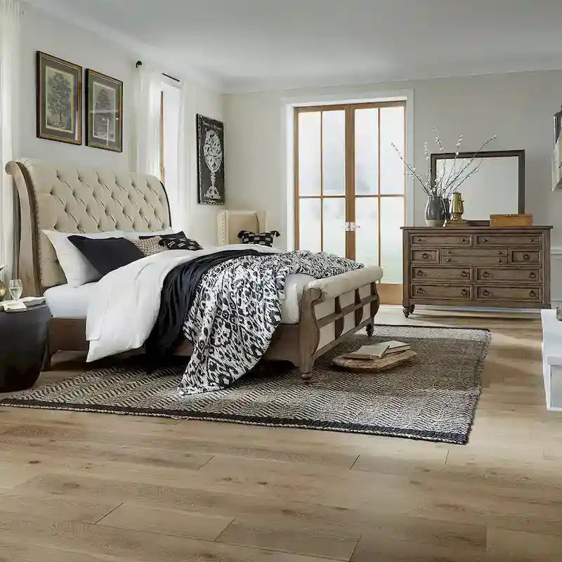 Americana Farmhouse Sleigh Bed with Matching Dresser and Mirror Bedroom Set 1