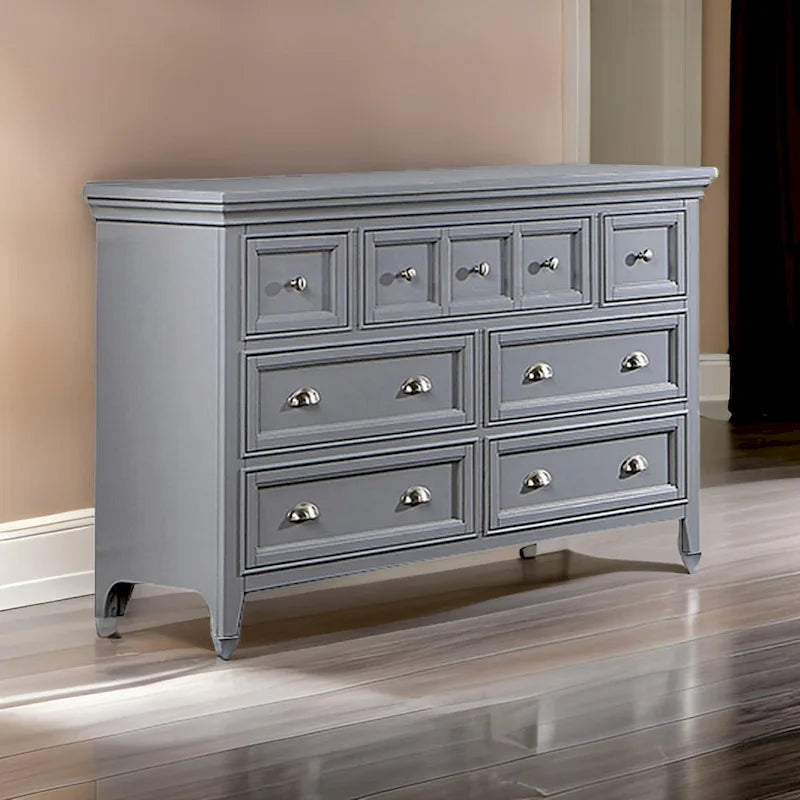 Cile 56-Inch Gray Wood Dresser with 7 Gliding Drawers and Round Nickel Handles 1