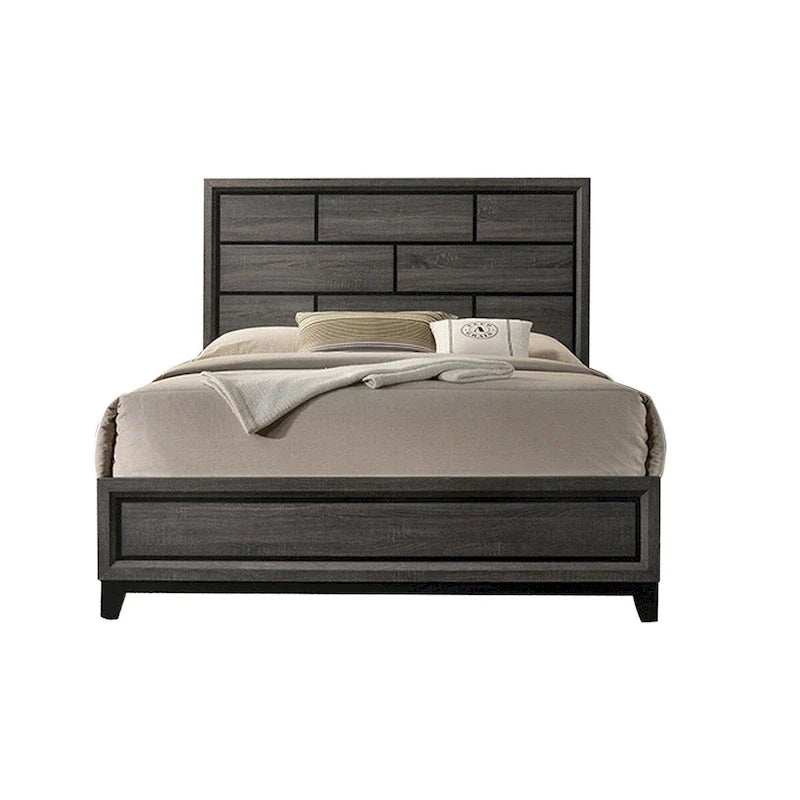 Mazie Queen Bed with Brick-Style Headboard, Black Tapered Legs, and Oak Gray Finish 1