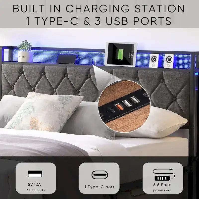 Upholstered Queen Bed Frame with Built-in Charging Station and LED Lights - Sturdy Platform Design with Heavy Metal Slats, No Box Spring Required 2