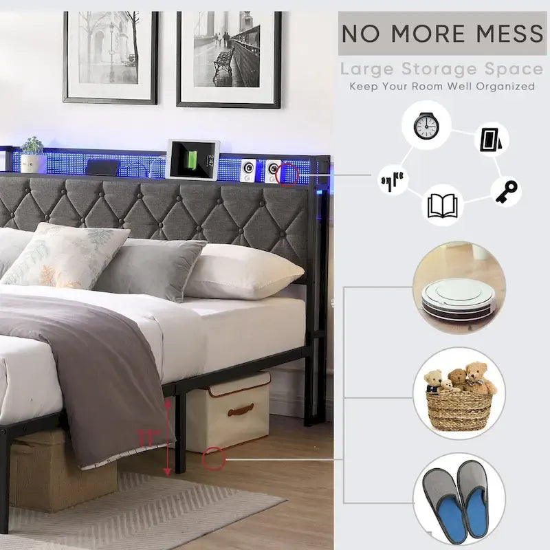 Upholstered Queen Bed Frame with Built-in Charging Station and LED Lights - Sturdy Platform Design with Heavy Metal Slats, No Box Spring Required 3