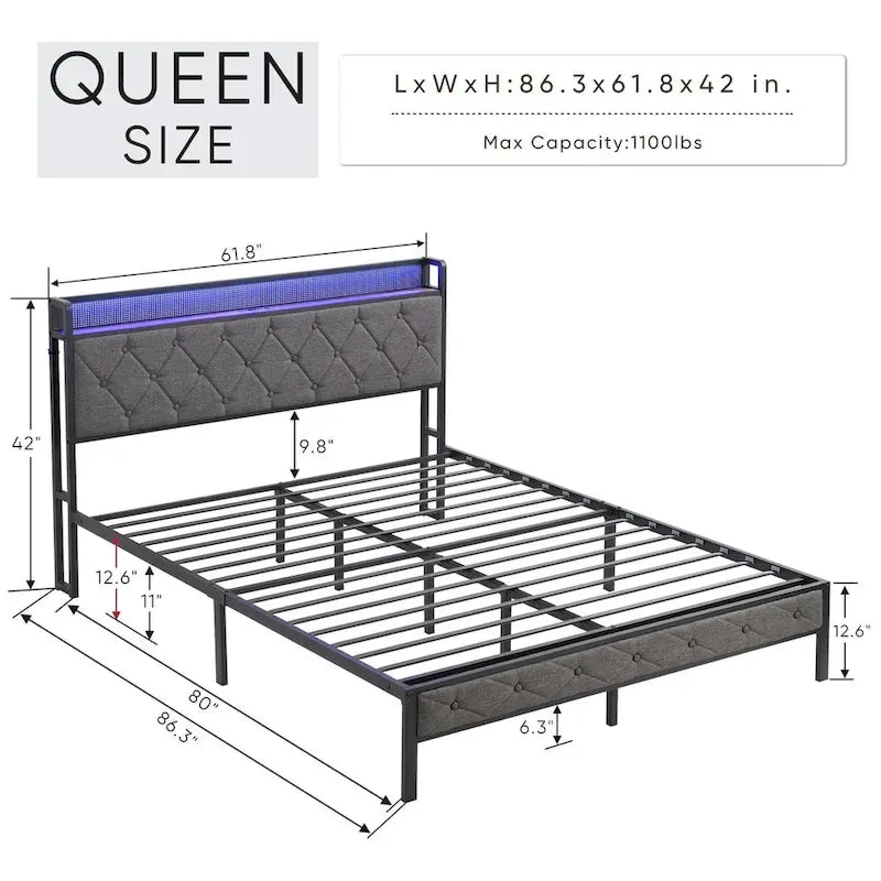 Upholstered Queen Bed Frame with Built-in Charging Station and LED Lights - Sturdy Platform Design with Heavy Metal Slats, No Box Spring Required 6