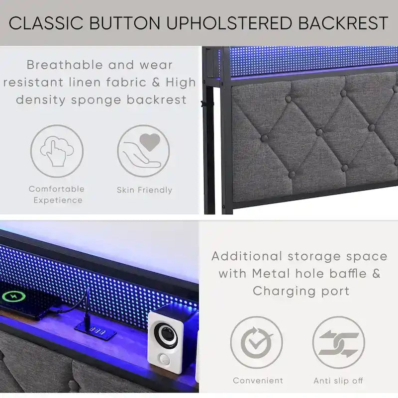 Upholstered Queen Bed Frame with Built-in Charging Station and LED Lights - Sturdy Platform Design with Heavy Metal Slats, No Box Spring Required 7
