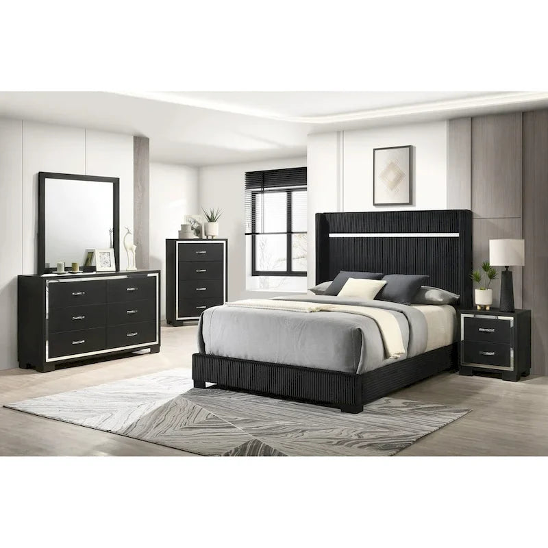 Pedro 6-Piece Black Velvet Upholstered Bedroom Collection 1
