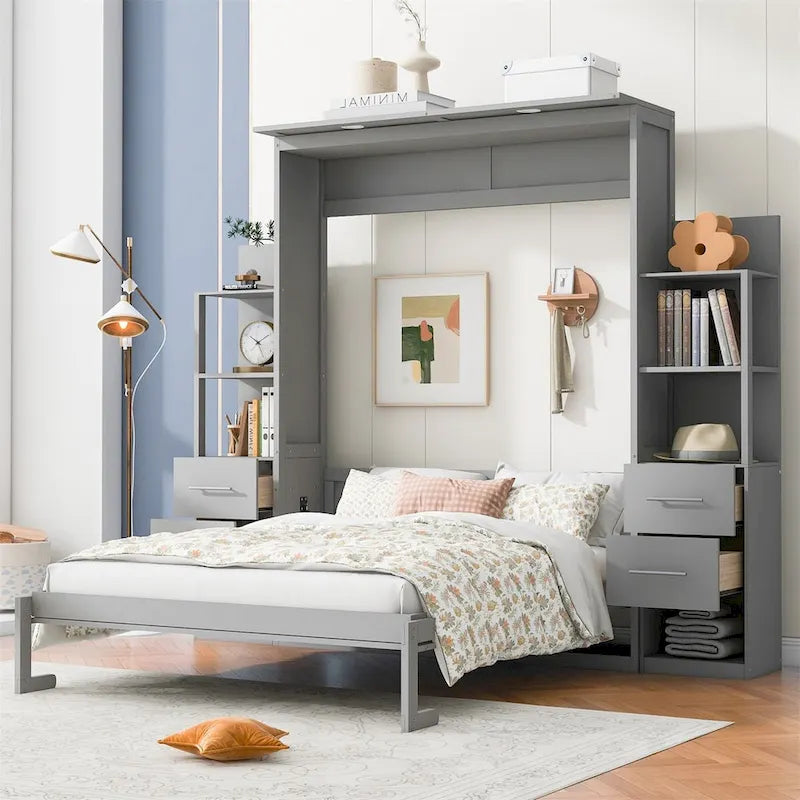 Merax Murphy Bed with Shelves, Drawers, and Integrated LED Lighting