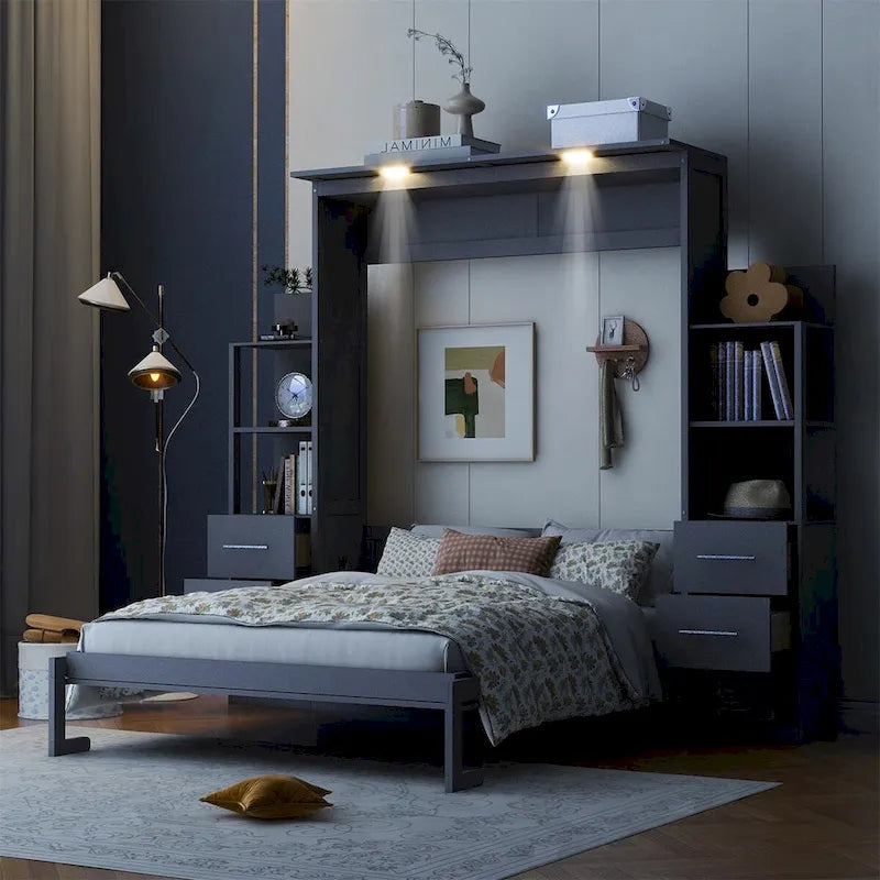 Merax Murphy Bed with Shelves, Drawers, and Integrated LED Lighting
