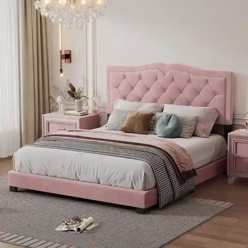 Upholstered Platform Bed with Tufted Headboard and Slat Support 22