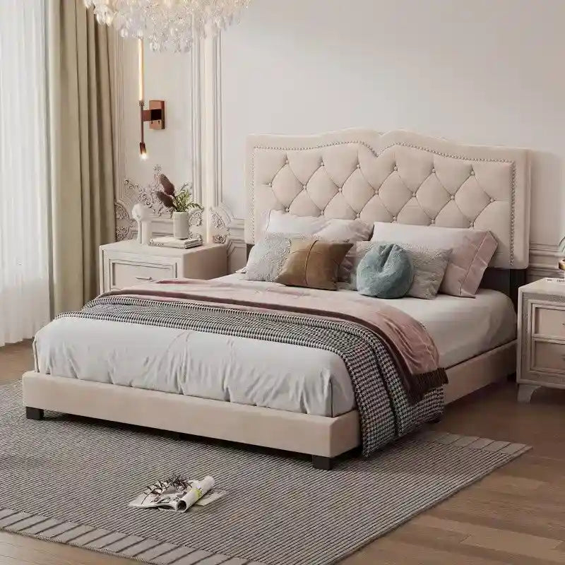 Modern Velvet Queen Size Upholstered Bed Frame with Tufted Headboard and Rivet Accents 1
