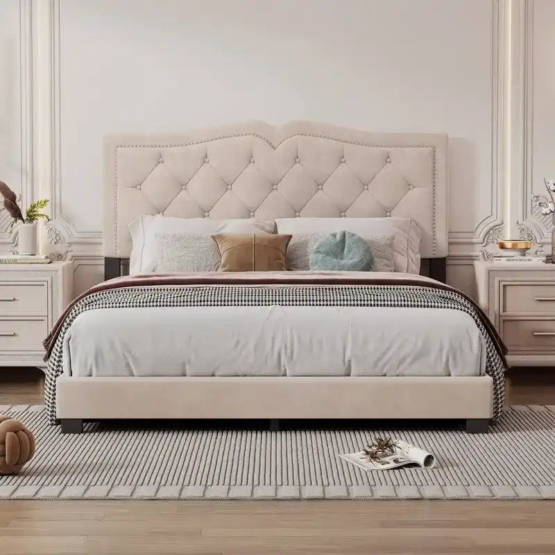 Modern Velvet Queen Size Upholstered Bed Frame with Tufted Headboard and Rivet Accents 2