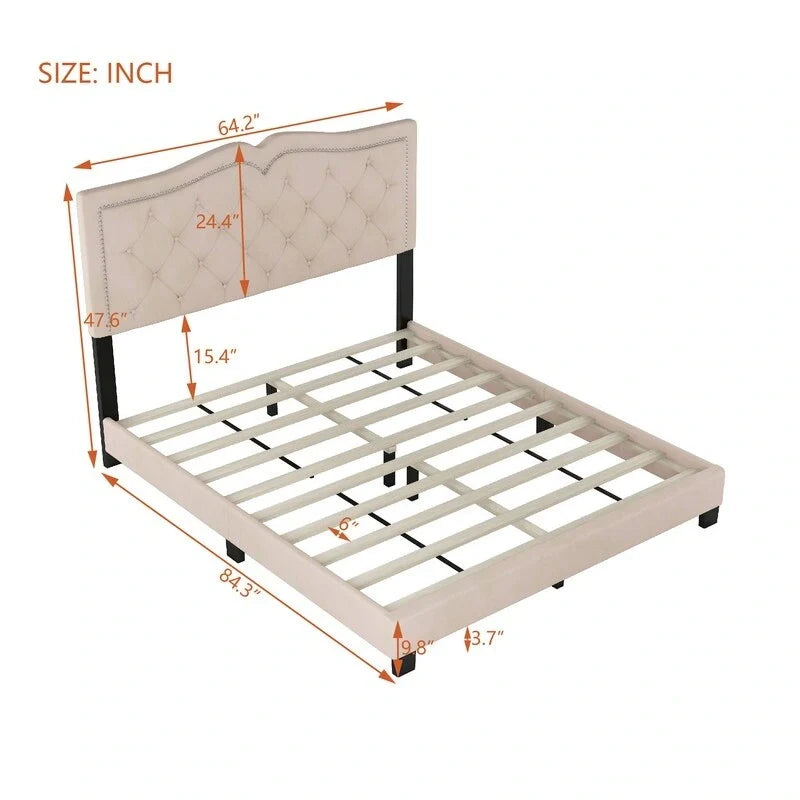Modern Velvet Queen Size Upholstered Bed Frame with Tufted Headboard and Rivet Accents 5