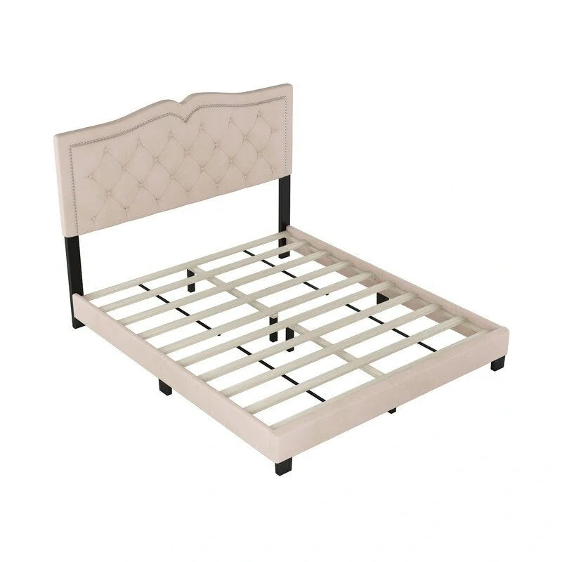 Modern Velvet Queen Size Upholstered Bed Frame with Tufted Headboard and Rivet Accents 6