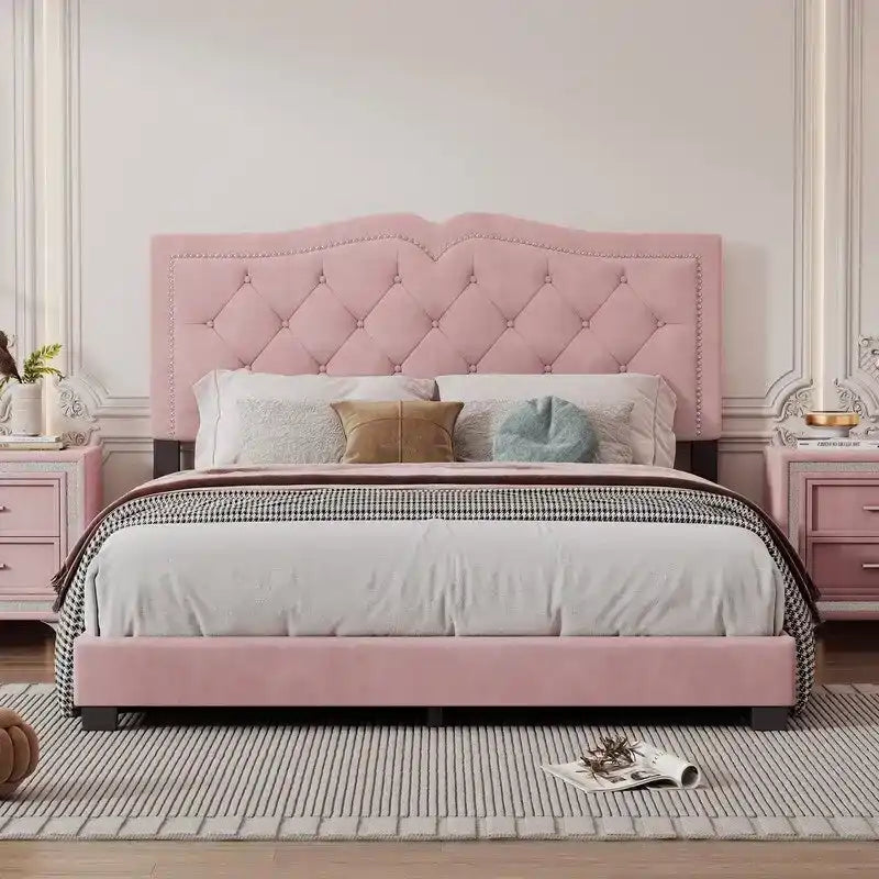 Upholstered Platform Bed with Tufted Headboard and Slat Support 9