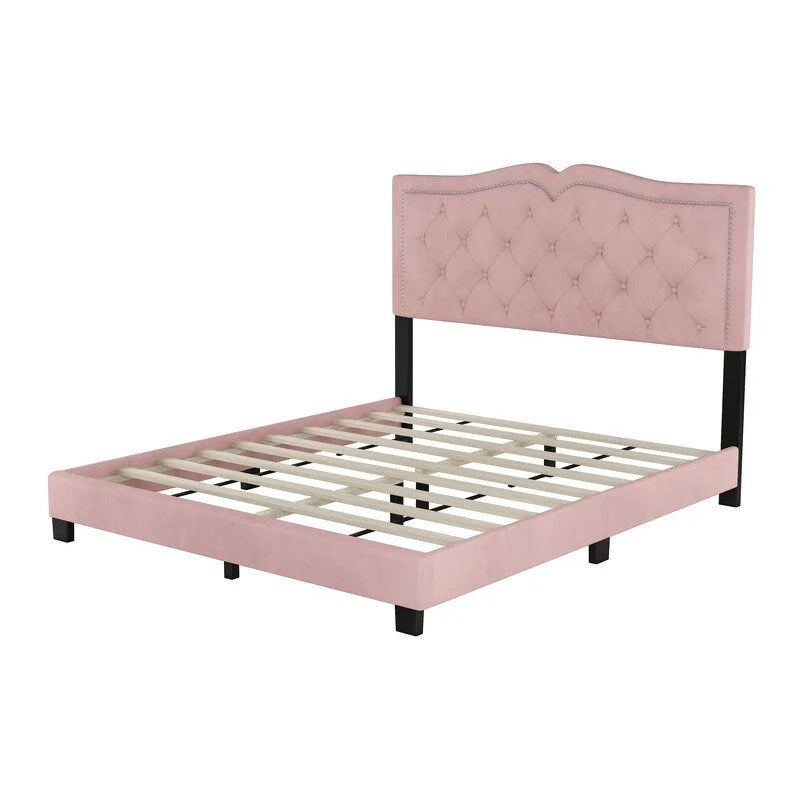 Modern Velvet Queen Size Upholstered Bed Frame with Tufted Headboard and Rivet Accents 11