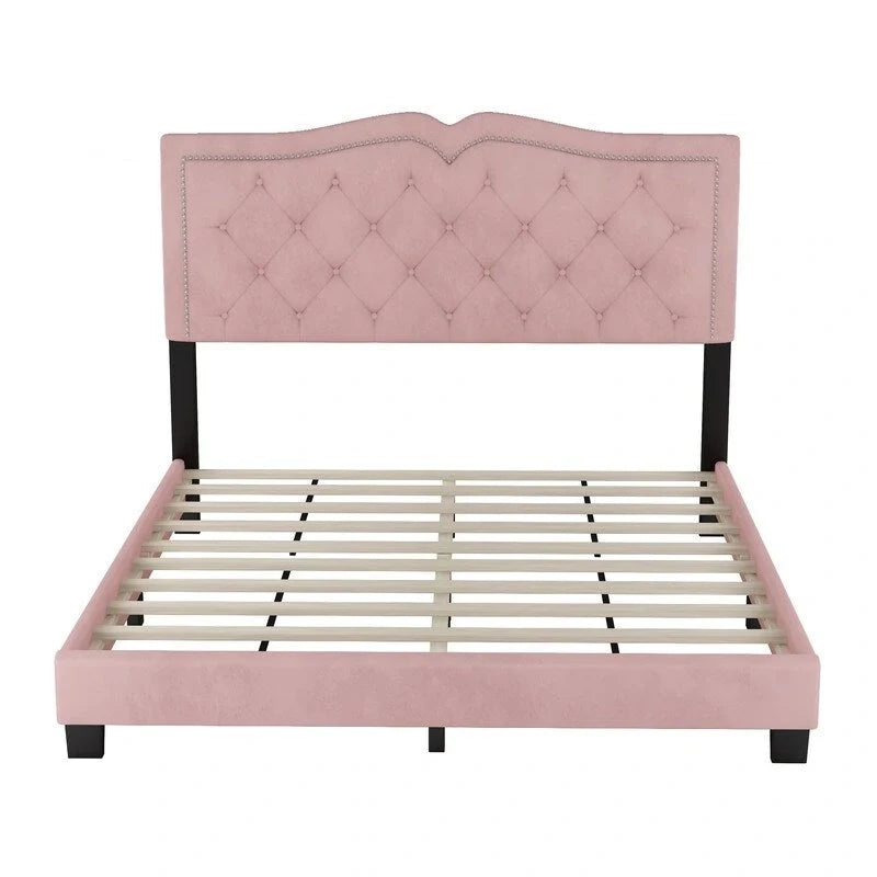 Modern Velvet Queen Size Upholstered Bed Frame with Tufted Headboard and Rivet Accents 12