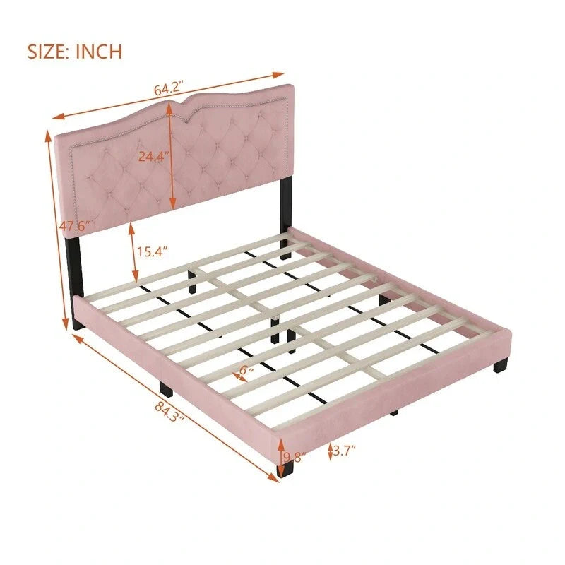 Modern Velvet Queen Size Upholstered Bed Frame with Tufted Headboard and Rivet Accents 13
