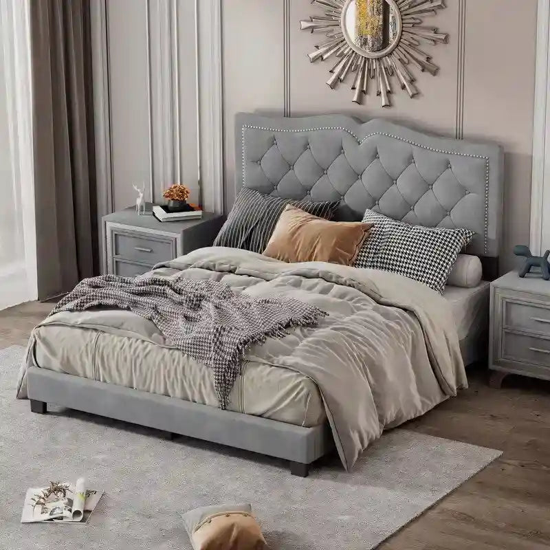 Modern Velvet Queen Size Upholstered Bed Frame with Tufted Headboard and Rivet Accents 15