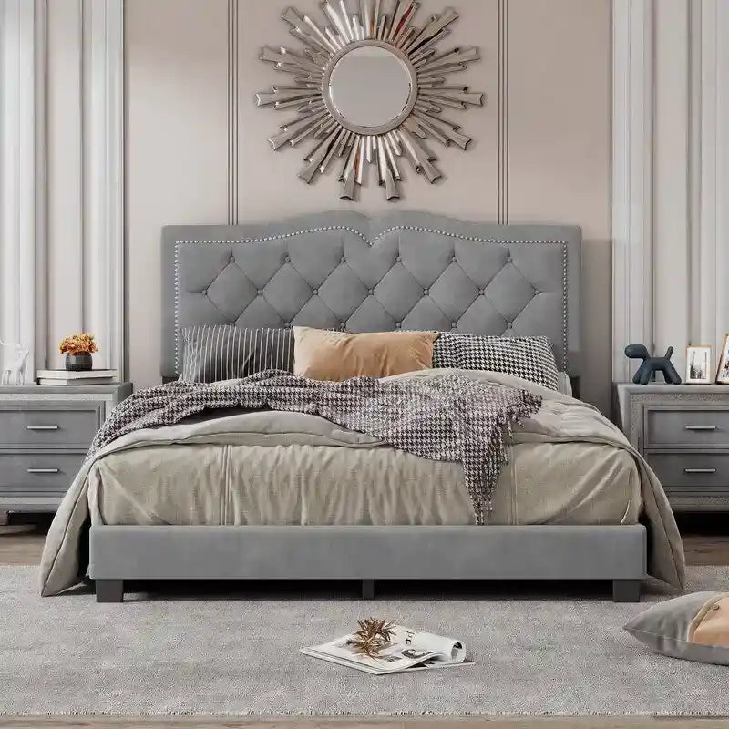Upholstered Platform Bed with Tufted Headboard and Slat Support 16