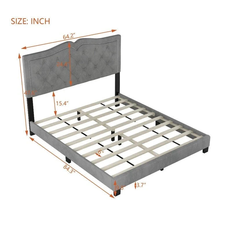 Modern Velvet Queen Size Upholstered Bed Frame with Tufted Headboard and Rivet Accents 17